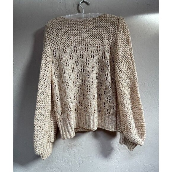 Vintage Castleberry London New York Size 10 Crochet Knit Puff Sleeve Sweater Tan - Picture 2 of 9